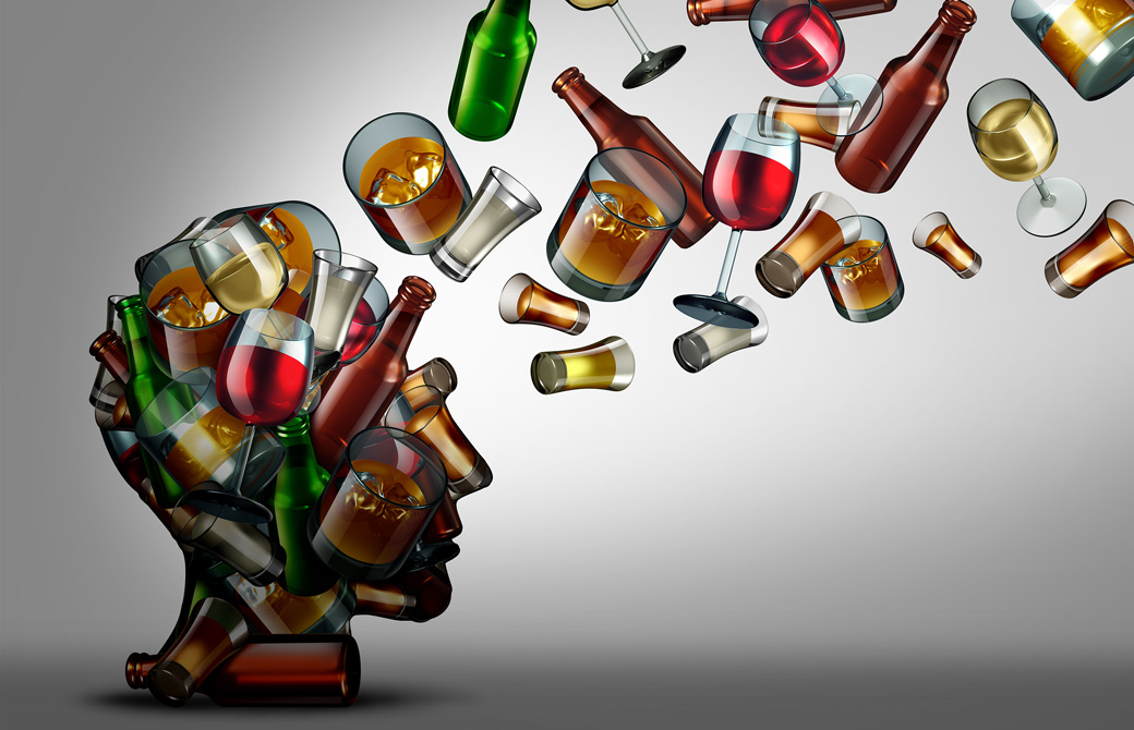 酒のボトルやグラスが頭の中にどんどん満たされていくイメージ画像