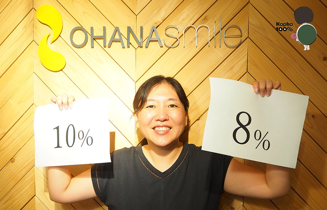 亀井裕子が８％と10％の紙を持っている様子