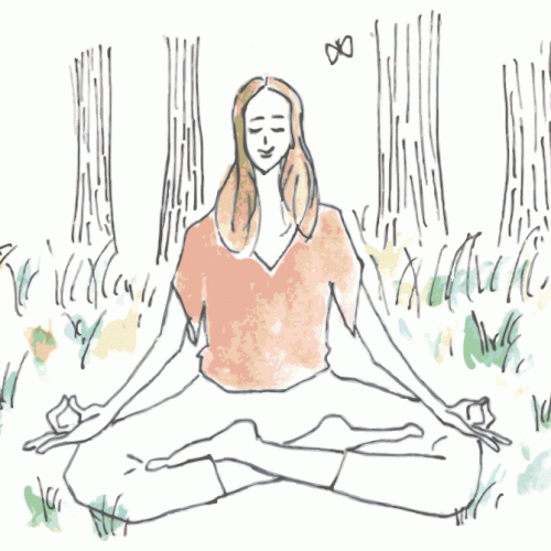女性が森のこかげで瞑想しているイラスト