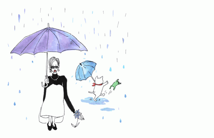 紫色の傘をさしたマダムYUKOの隣で水色の傘を持ったネコがカエルを追いかけているイラスト