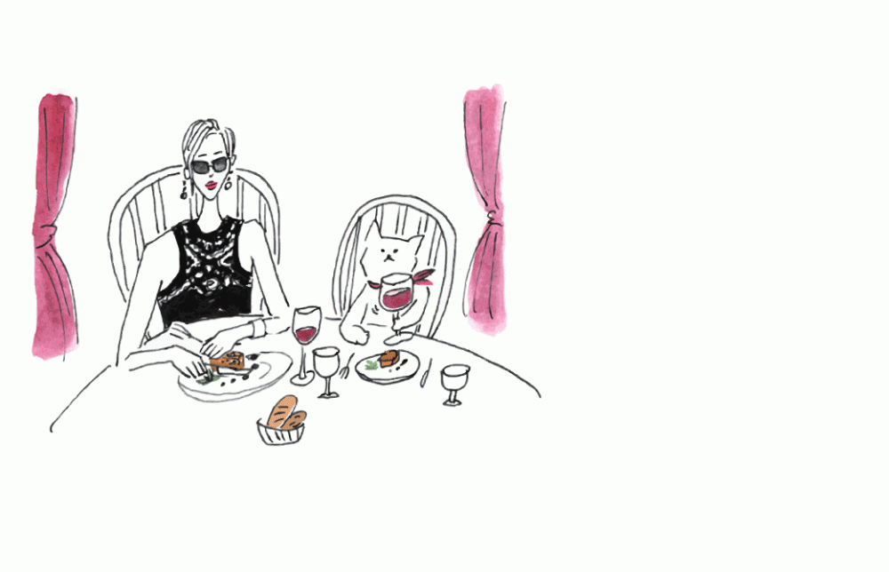 マダムYUKOとネコがワインを飲みながら食事をしているイラスト