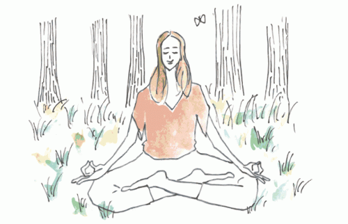 女性が森のこかげで瞑想しているイラスト