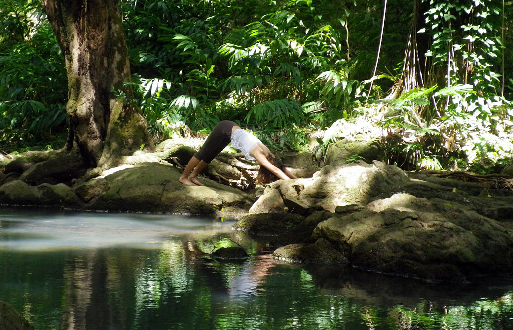 下を向いた犬のポーズをするMahoko