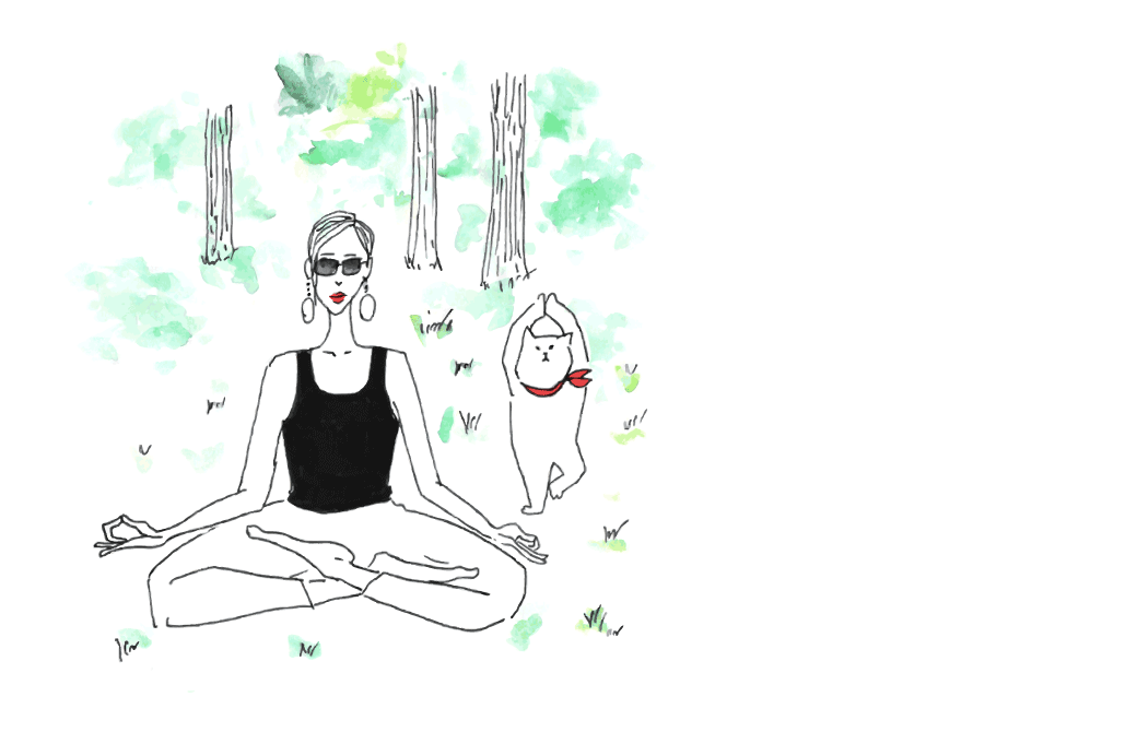 マダムYUKOとネコが森の中で瞑想をしているイラスト