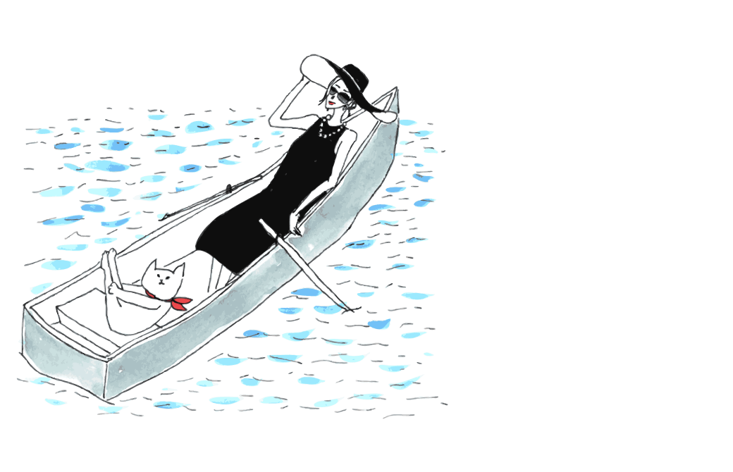 黒いワンピースとハットを被ってボートの上でのんびりしているマダムYUKOと、その隣でヨガのポーズをとるネコのイラスト