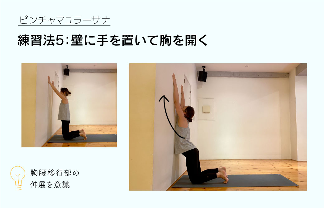 ピンチャマユラーサナ練習法5：壁に手を置いて胸を開く
