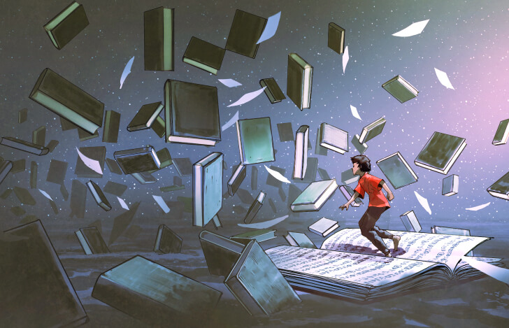 舞い上がる本の間を歩く人