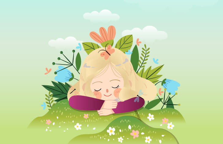 草花に包まれた幸せそうな少女