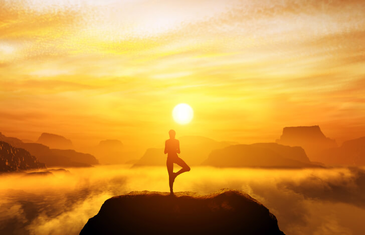 大自然の中で立木のポーズをとる人のシルエット