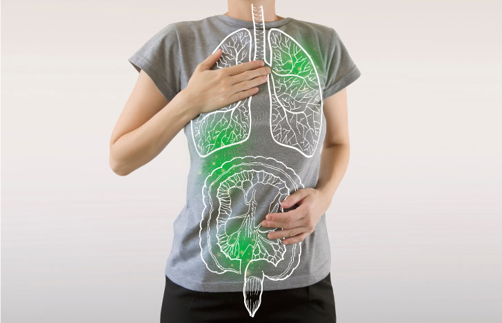 グレーのTシャツを着た女性と肺と大腸のイラストのクロスイメージ