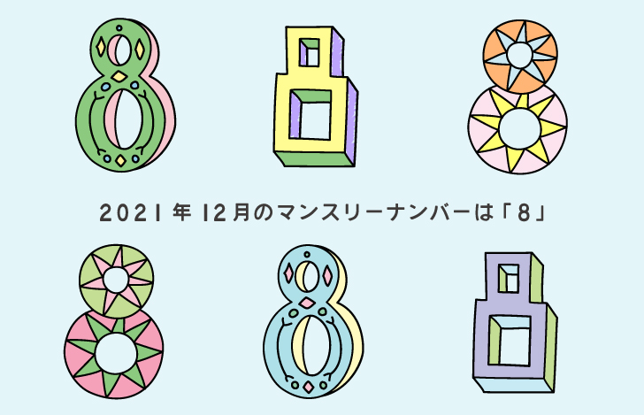 数字の8の色・形が異なる複数のイラスト