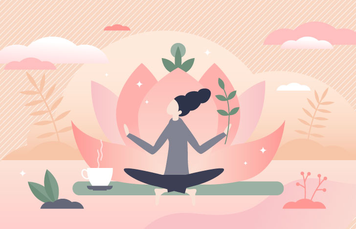 蓮の花を背景に瞑想する女性のイラスト
