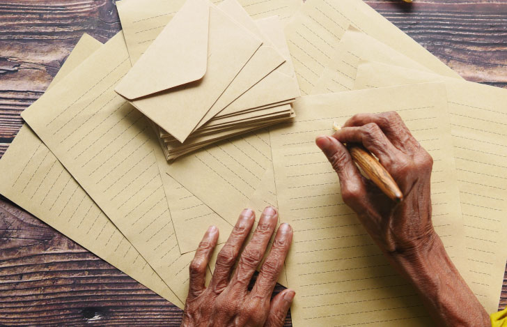 手紙を書く老人の手