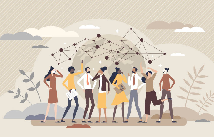 集う人々ととネットワークを表す幾何学模様