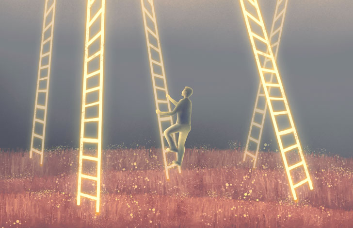 沢山のハシゴとその中の一つに登る少年