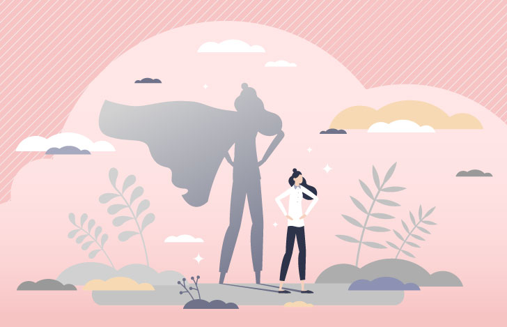 腰に手を当てた仁王立ちの女性と後ろに大きく伸びた影のイラスト