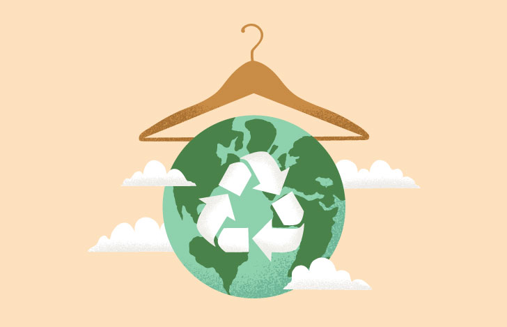 地球に描かれたリサイクルマークとハンガーのイラスト