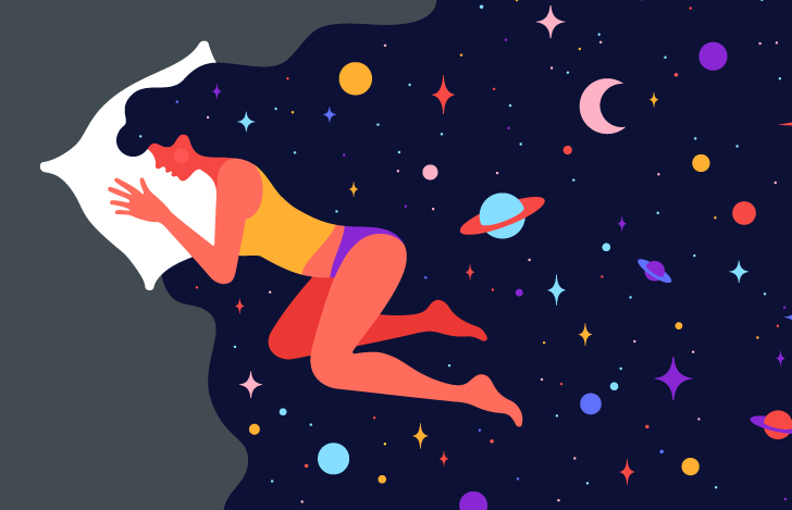 眠る女性の髪の毛の間に広がる宇宙を描いたイラスト