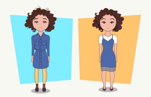 笑顔と悲しい顔の2種類の巻き毛の女性 yogagene-illustration-1020-2