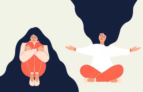 膝を抱えている女性と手を広げている女性 yogagene-illustration-1020-4