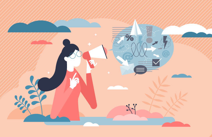 拡声器で内なる声を形にする女性のイラスト