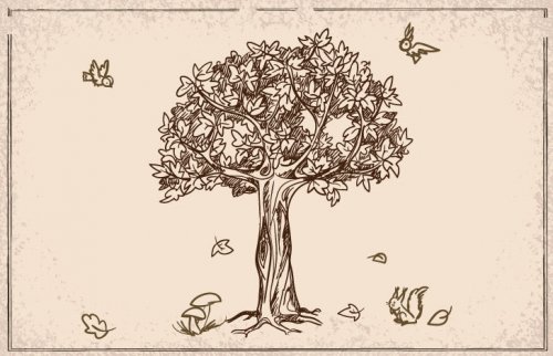 セピア色で描かれた木と鳥やリスの絵 yogagene-illustration-1103-4