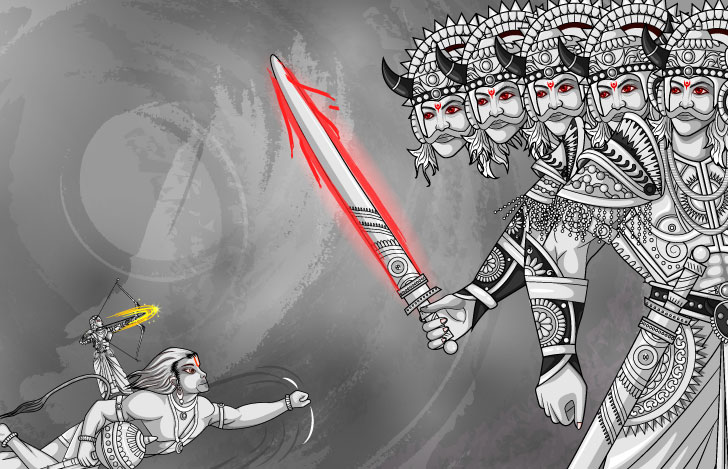 10の頭のある蛮神ラーヴァナとラーマー王子が戦う様子のイラスト