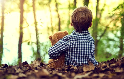 森の中でくまのぬいぐるみを抱いて座る男の子