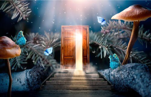 内側から光がもれている木のドア