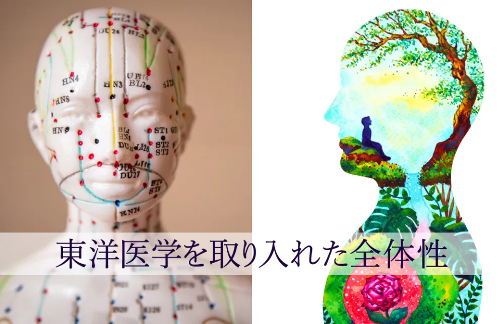 東洋医学を取り入れた全体性の文字。左に、経絡の人形と、右に人間の形の中に自然がある横向きの人間が並んでいる。