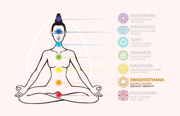 安楽座で座る女性と7つのチャクラを説明するイラスト