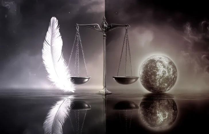 天秤と白い羽と炎を纏った鉄球