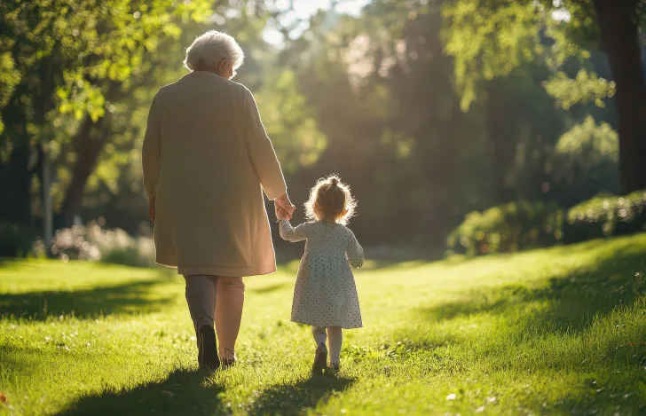 少女の手を引く老婆の後ろ姿