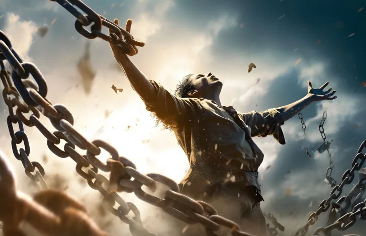 両腕を広げて鎖をちぎって空を仰ぐ男性
