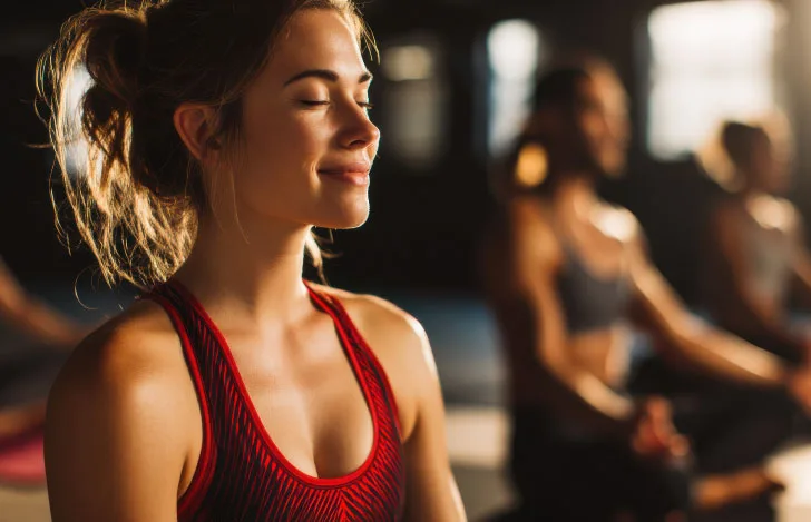 ヨガクラスに参加する赤いヨガウェアで目を閉じてwみを浮かべる女性