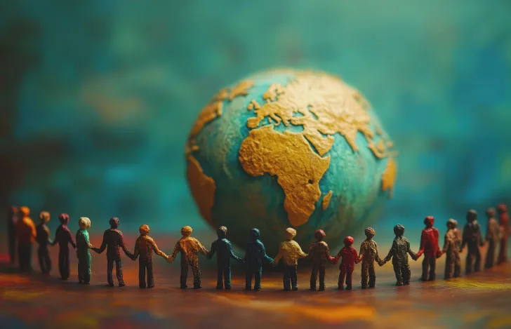 地球とそれを取り囲む手を繋いだ人々のミニチュア