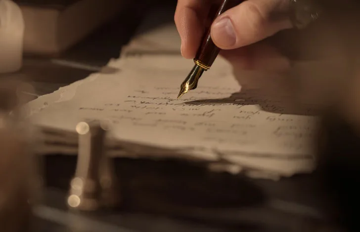 万年室で紙に文字を書く人の手元