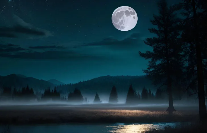 月が輝く夜の森と川