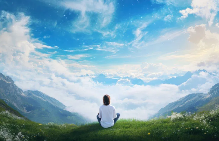 山の上から雲や広い景色を見渡す座った女性の後ろ姿