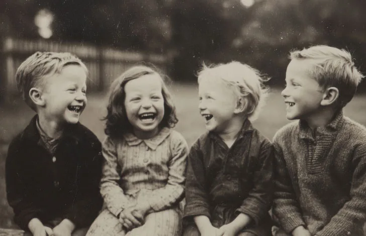 3人の少年と1人の少女が写ったモノクロ写真