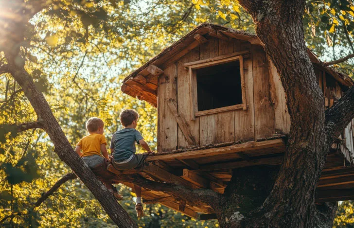 ツリーハウスを眺める2人の少年