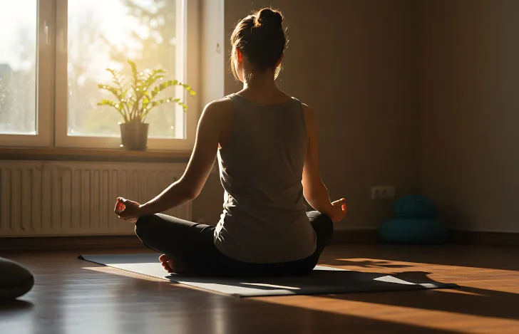 薄暗い部屋で窓に向かって安楽座で座る女性の背中