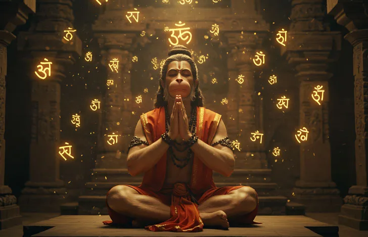 安楽座で座り目を閉じて合掌するハヌマーン神