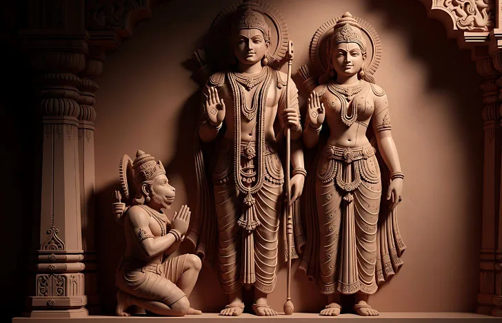 膝まづくハヌマーン神とラーマ王子と妻シータ姫の石像