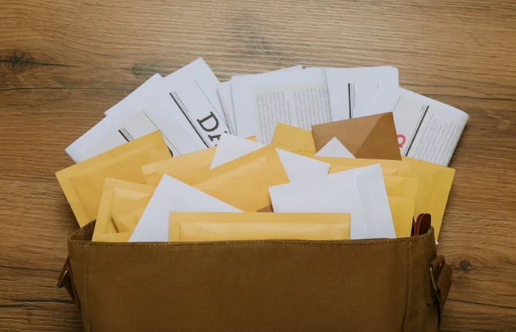 郵便屋さんのカバンから飛び出す多くの封書の手紙