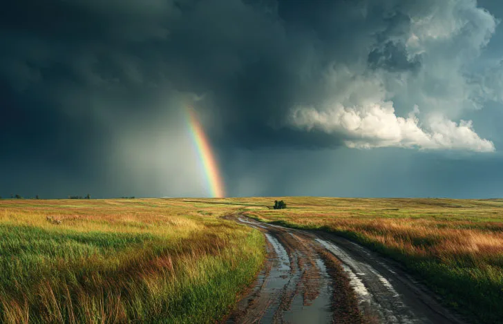 原っぱを貫く泥道と空と雲と日の光と虹