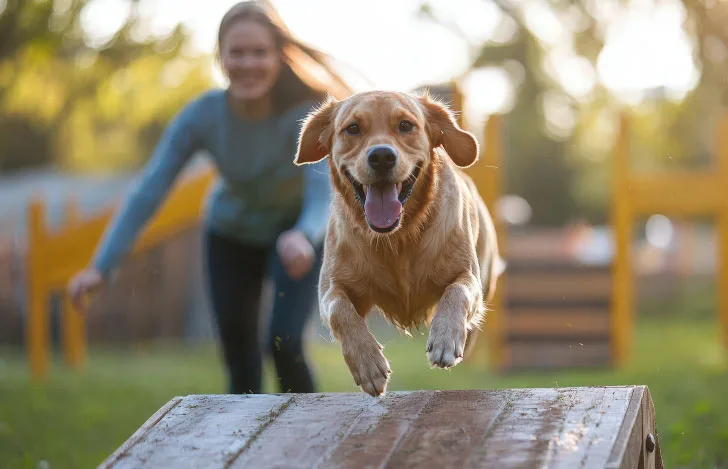 木の台に駆け上る1匹の犬と追いかける1人の女性