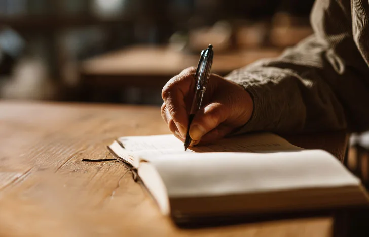 木の机の上で書き物をしている男性の手元