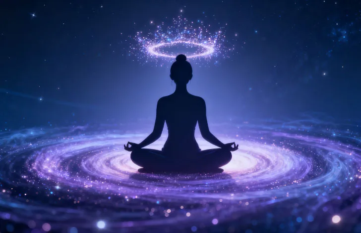 紫色の波紋のような羽の中に座る人のシルエット