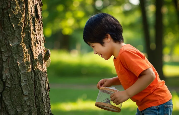木にとまる昆虫を見つめる虫籠を持った少年